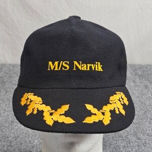 Vintage 80s MS Narvik Maritime Ship Hat Black Wool Gold Captain Embroidery